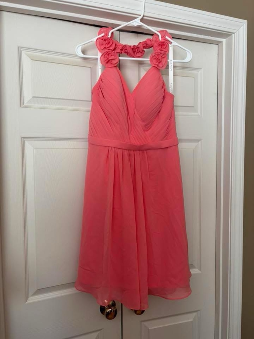 Coral Pink Floral Strap V-Neck Chiffon Dress